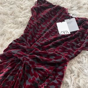 ZARA Velvet Burnout Draped Burgundy Midi Dress NWT